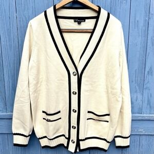 MK Metric Knits Large Womens Button Down Cardigan Sweater Ivory Black Cotton‎